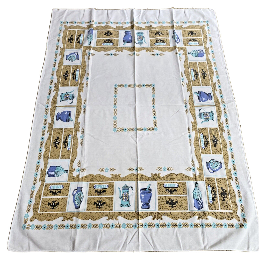 Vintage Mid Century Cotton Tablecloth Colonial Motif Blue & Tan 40" X 50" Flaw